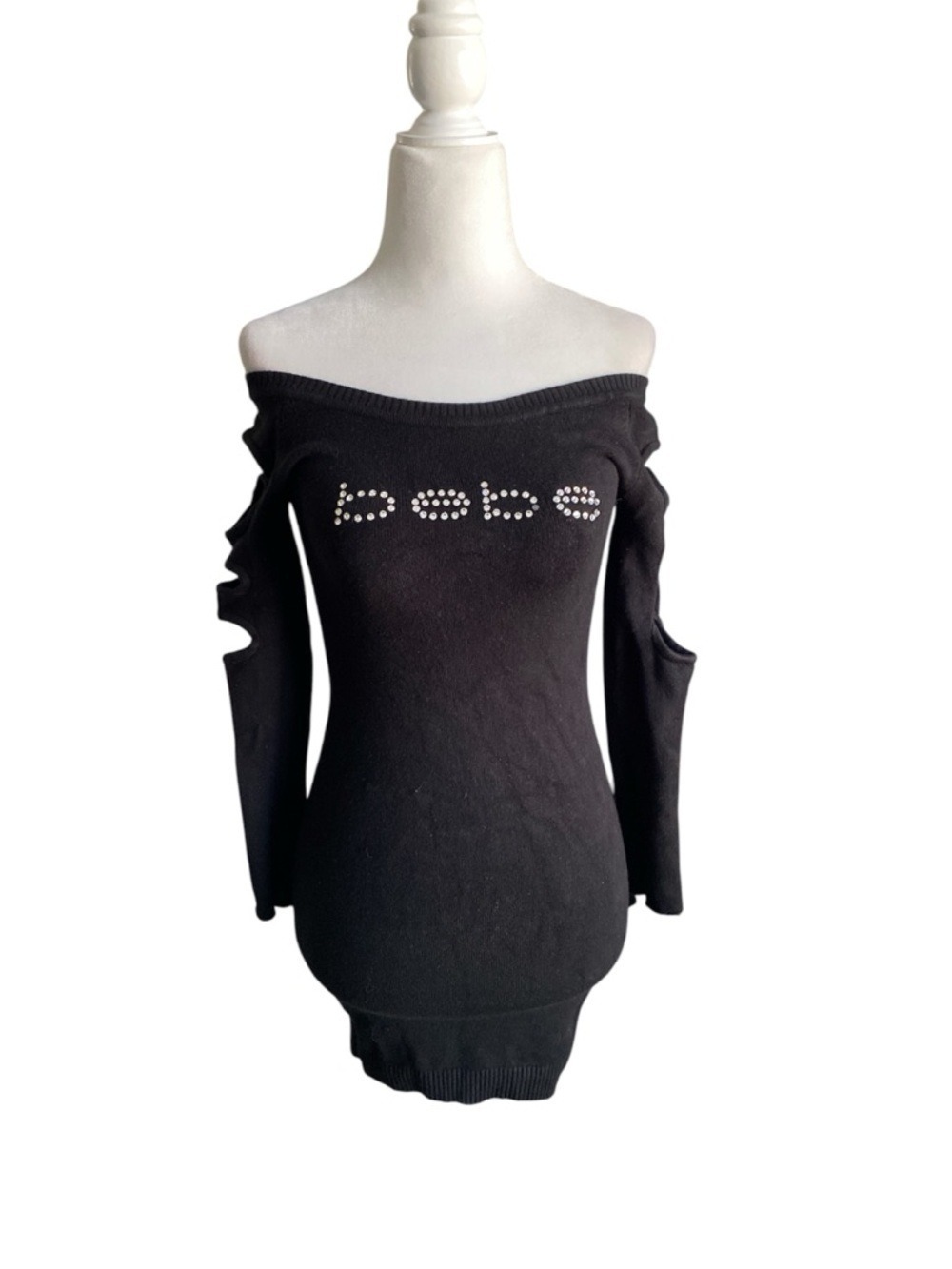 bebe Black Off-Shoulder Studded Logo Sweater